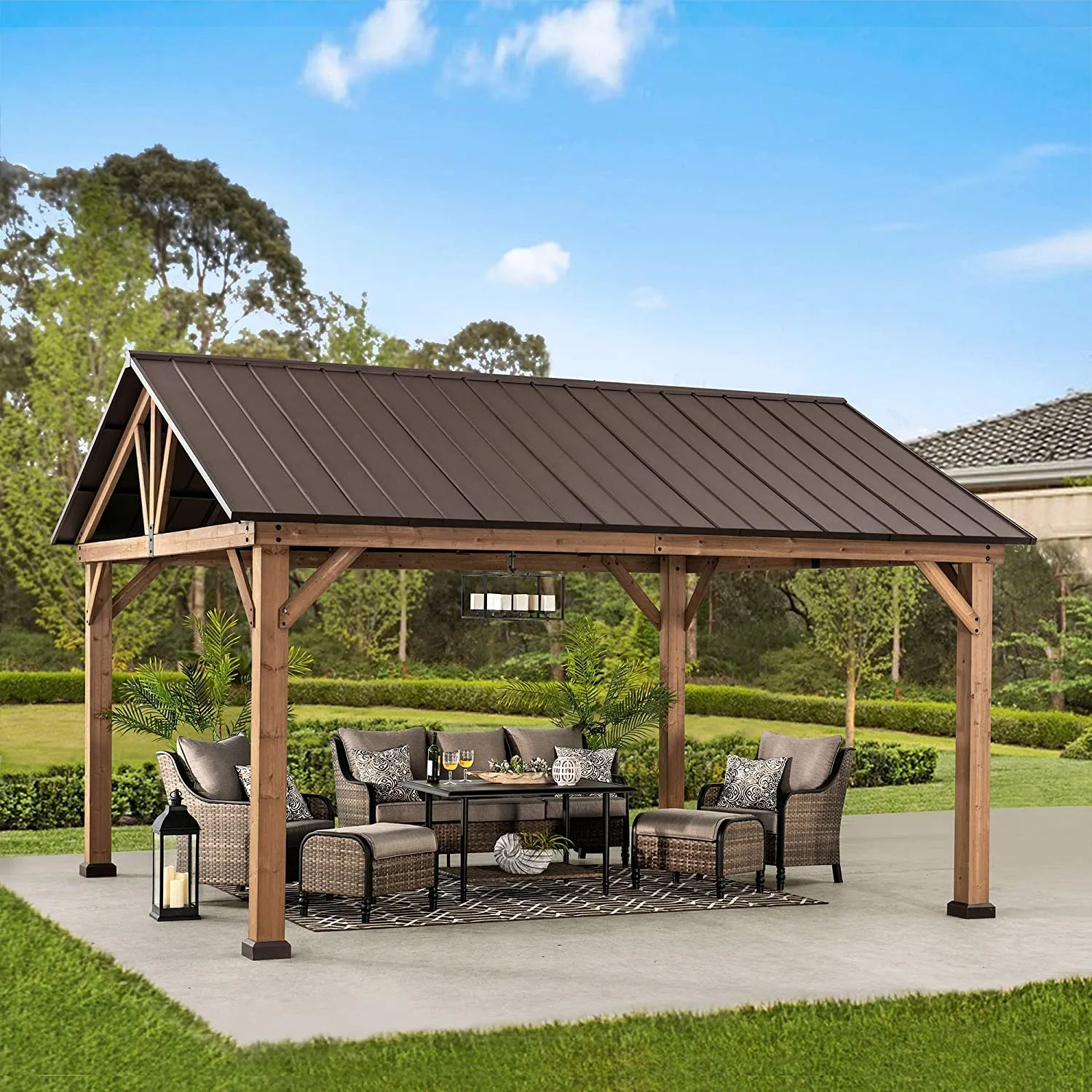 11 x 13 ft. Outdoor Patio Premium Cedar Frame Wood Gazebo with Matte Black Steel Gable Hardtop Roof