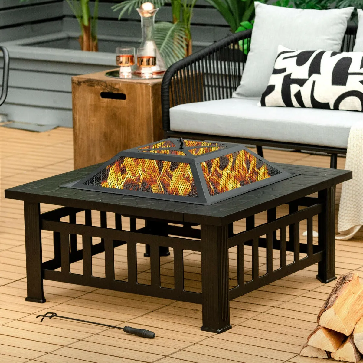 3 in 1 Round Fire Pit Set Outdoor Fireplace for BBQ Camping