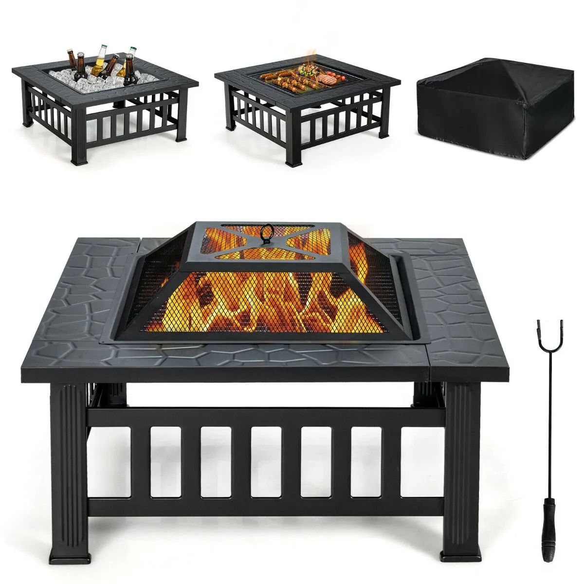 3 in 1 Round Fire Pit Set Outdoor Fireplace for BBQ Camping