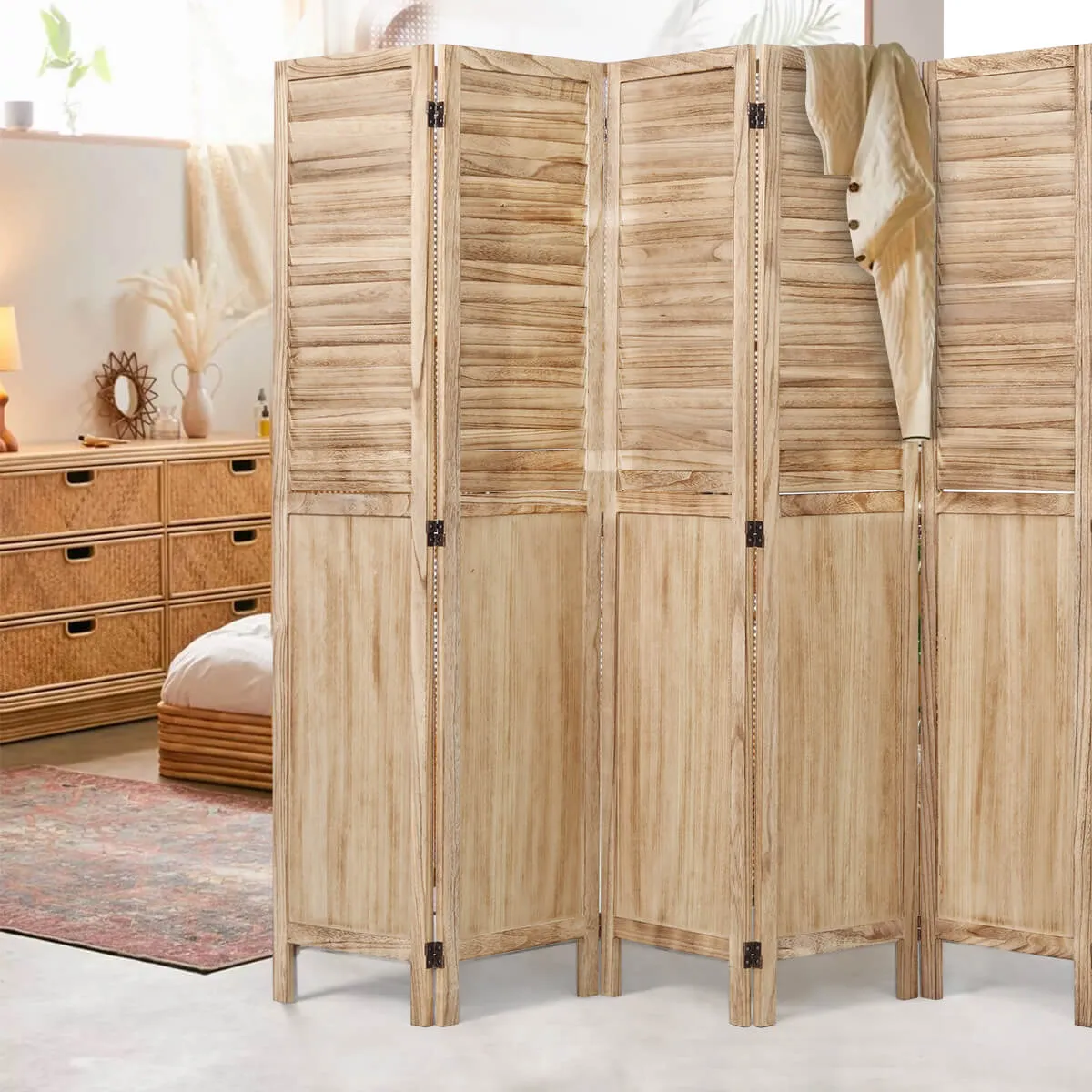 6 Panels Wood Room Divider 5.6 FT Privacy Screens with 360 Degree Hinges, Natural