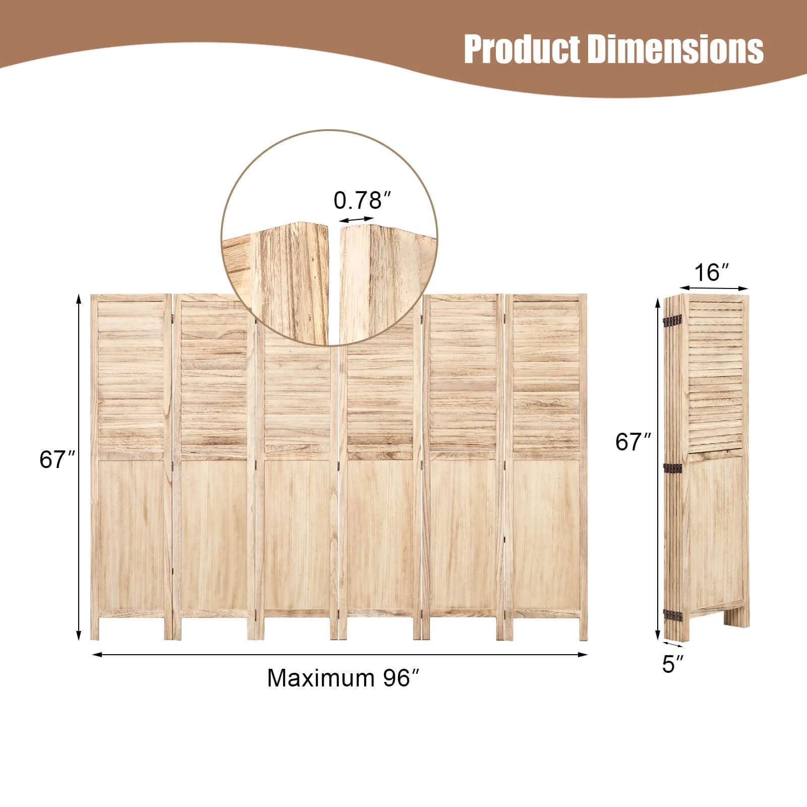 6 Panels Wood Room Divider 5.6 FT Privacy Screens with 360 Degree Hinges, Natural