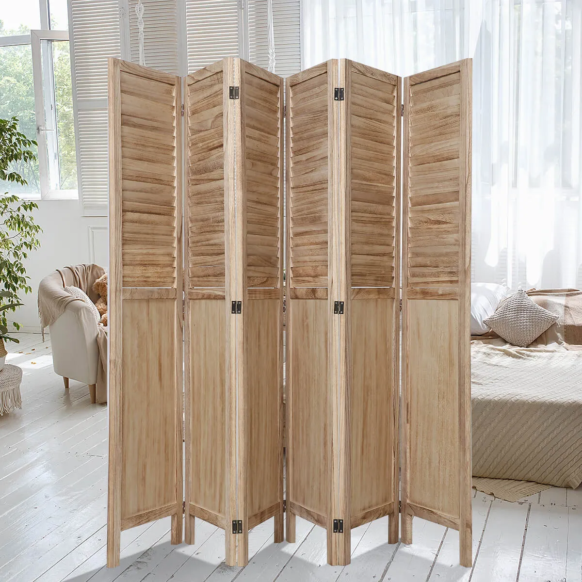 6 Panels Wood Room Divider 5.6 FT Privacy Screens with 360 Degree Hinges, Natural