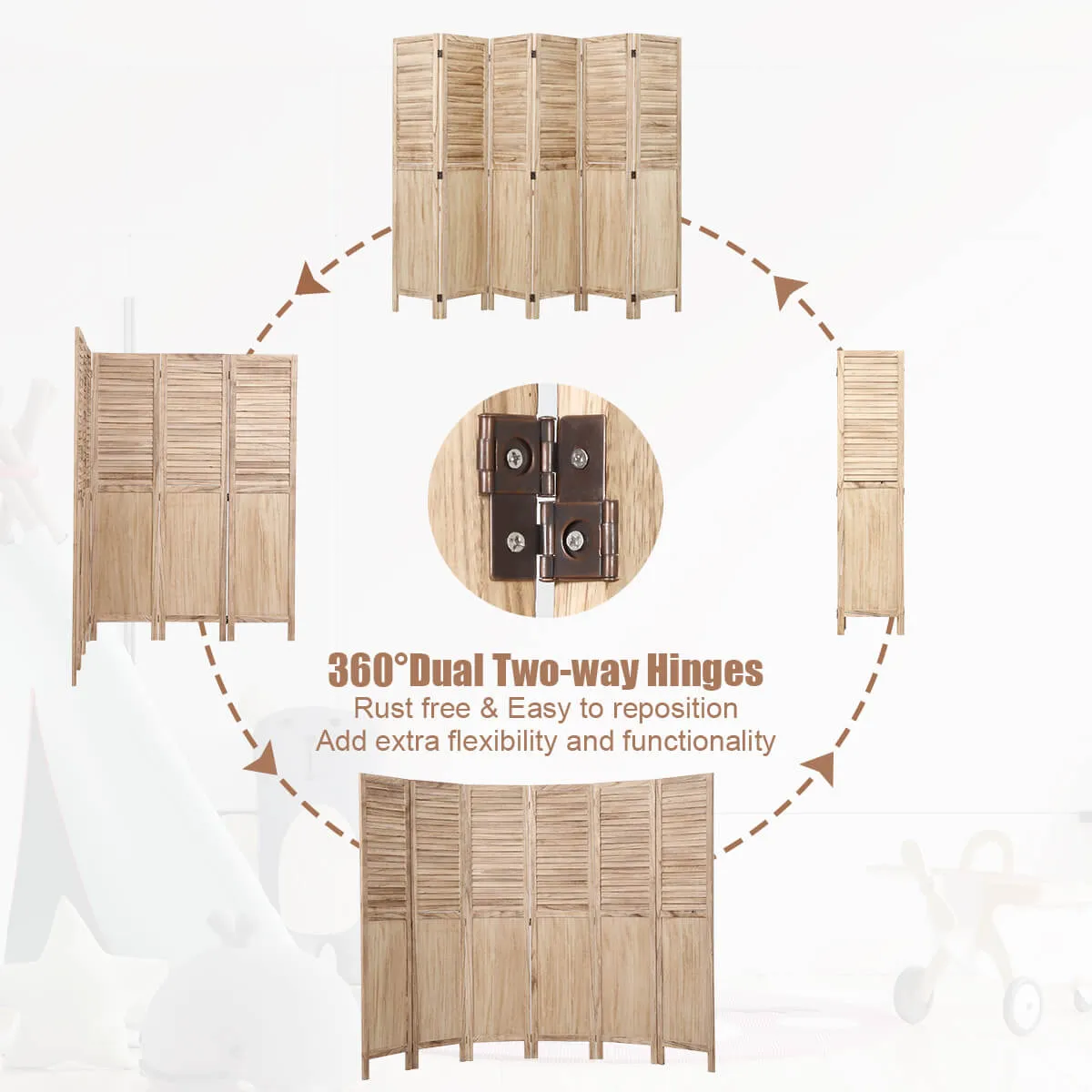 6 Panels Wood Room Divider 5.6 FT Privacy Screens with 360 Degree Hinges, Natural