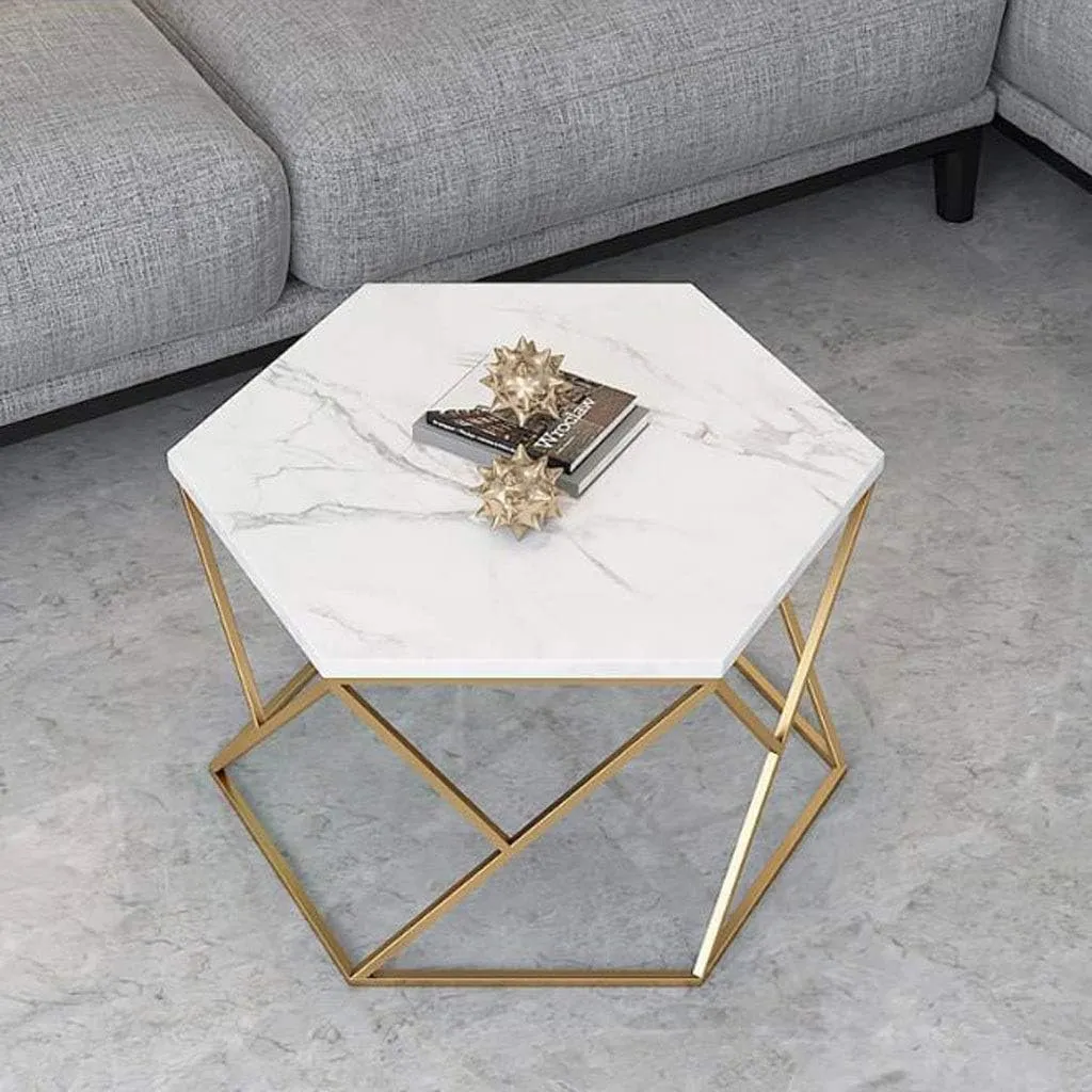 AALIYA MART Modern Hexagon Shaped Coffee Table Set of Two - Iron and Laminated Marbled Wood - Contemporary Living Room Furniture