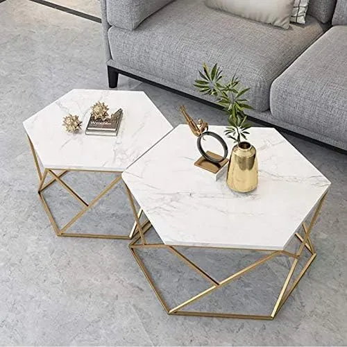 AALIYA MART Modern Hexagon Shaped Coffee Table Set of Two - Iron and Laminated Marbled Wood - Contemporary Living Room Furniture