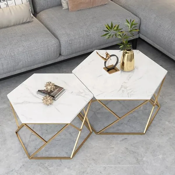 AALIYA MART Modern Hexagon Shaped Coffee Table Set of Two - Iron and Laminated Marbled Wood - Contemporary Living Room Furniture