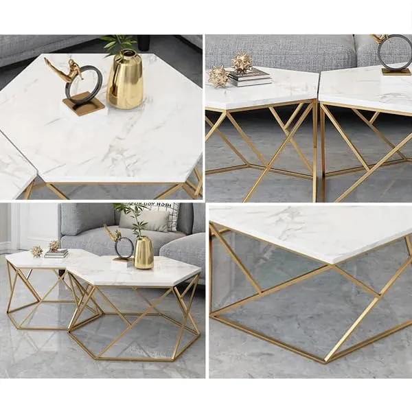 AALIYA MART Modern Hexagon Shaped Coffee Table Set of Two - Iron and Laminated Marbled Wood - Contemporary Living Room Furniture