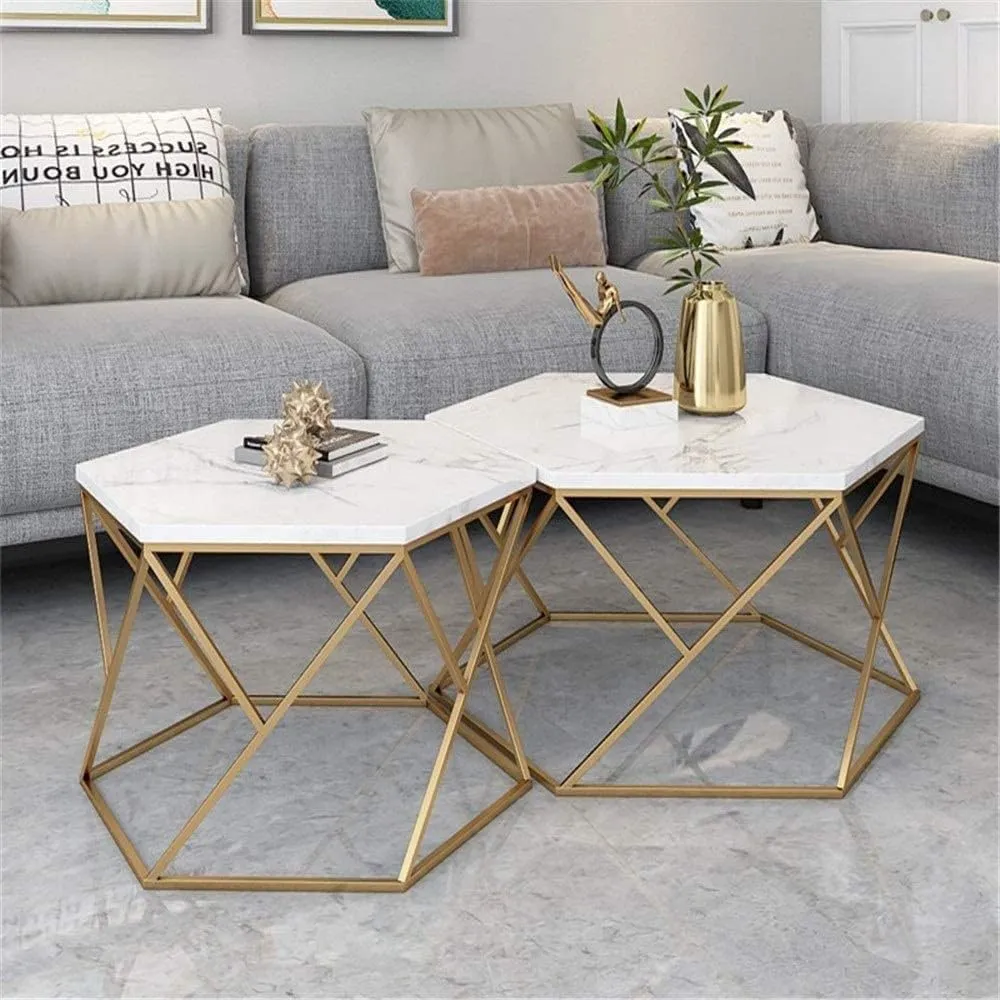 AALIYA MART Modern Hexagon Shaped Coffee Table Set of Two - Iron and Laminated Marbled Wood - Contemporary Living Room Furniture