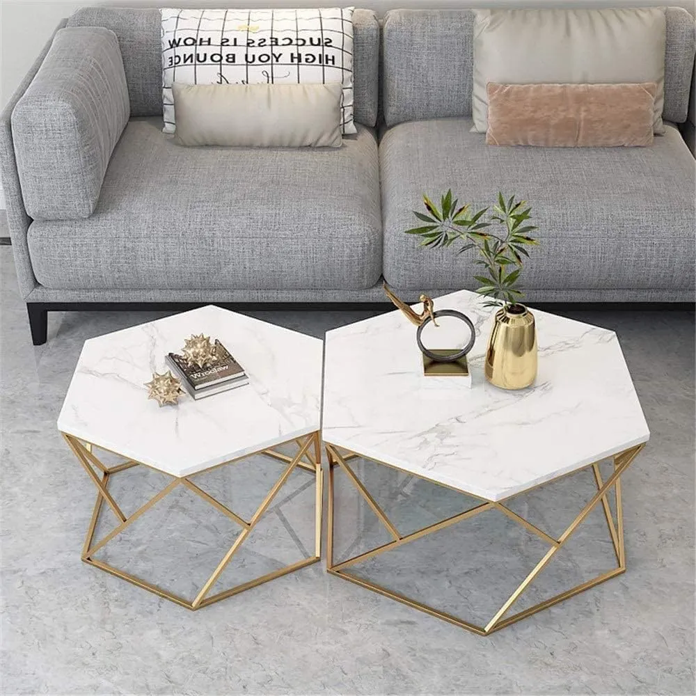 AALIYA MART Modern Hexagon Shaped Coffee Table Set of Two - Iron and Laminated Marbled Wood - Contemporary Living Room Furniture