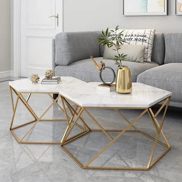 AALIYA MART Modern Hexagon Shaped Coffee Table Set of Two - Iron and Laminated Marbled Wood - Contemporary Living Room Furniture