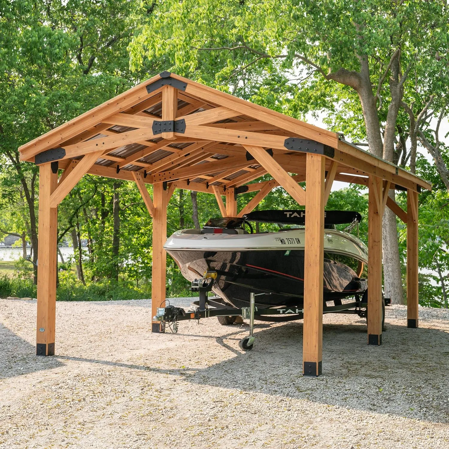 All Cedar Wooden Carport Pavilion Gazebo with Hard Top Steel Roof