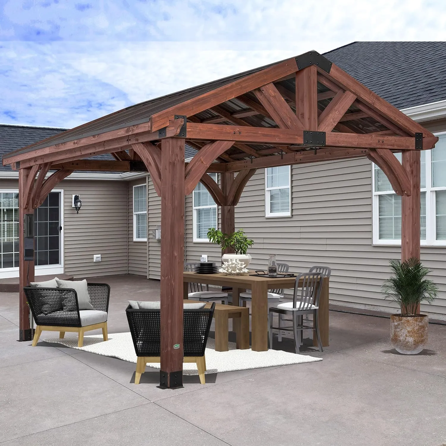 All Cedar Wooden Carport Pavilion Gazebo with Hard Top Steel Roof