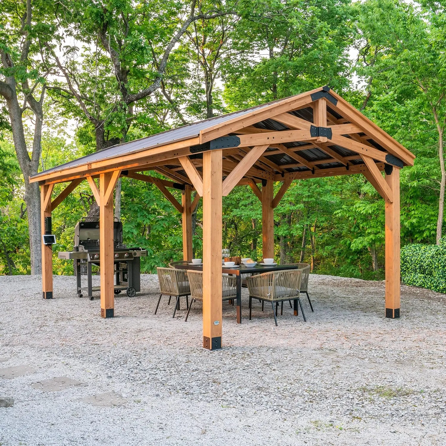 All Cedar Wooden Carport Pavilion Gazebo with Hard Top Steel Roof