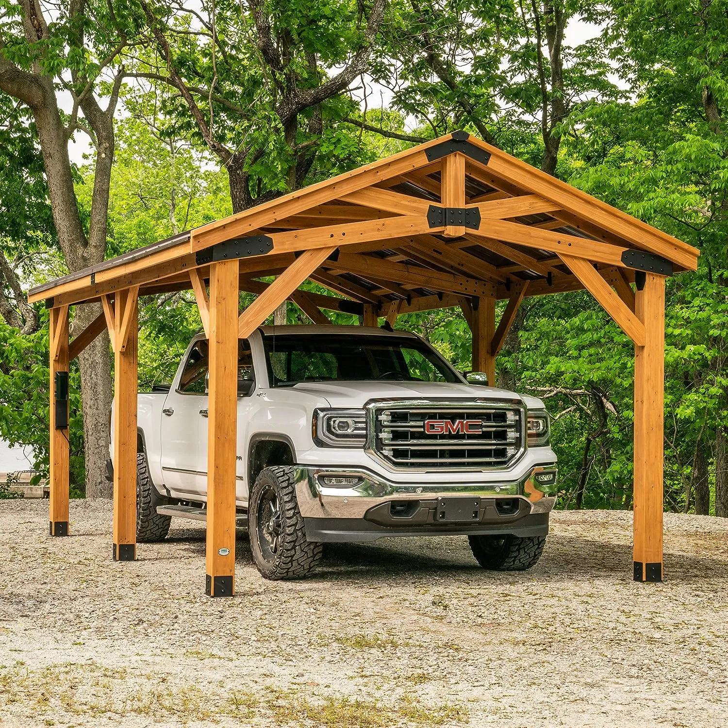 All Cedar Wooden Carport Pavilion Gazebo with Hard Top Steel Roof