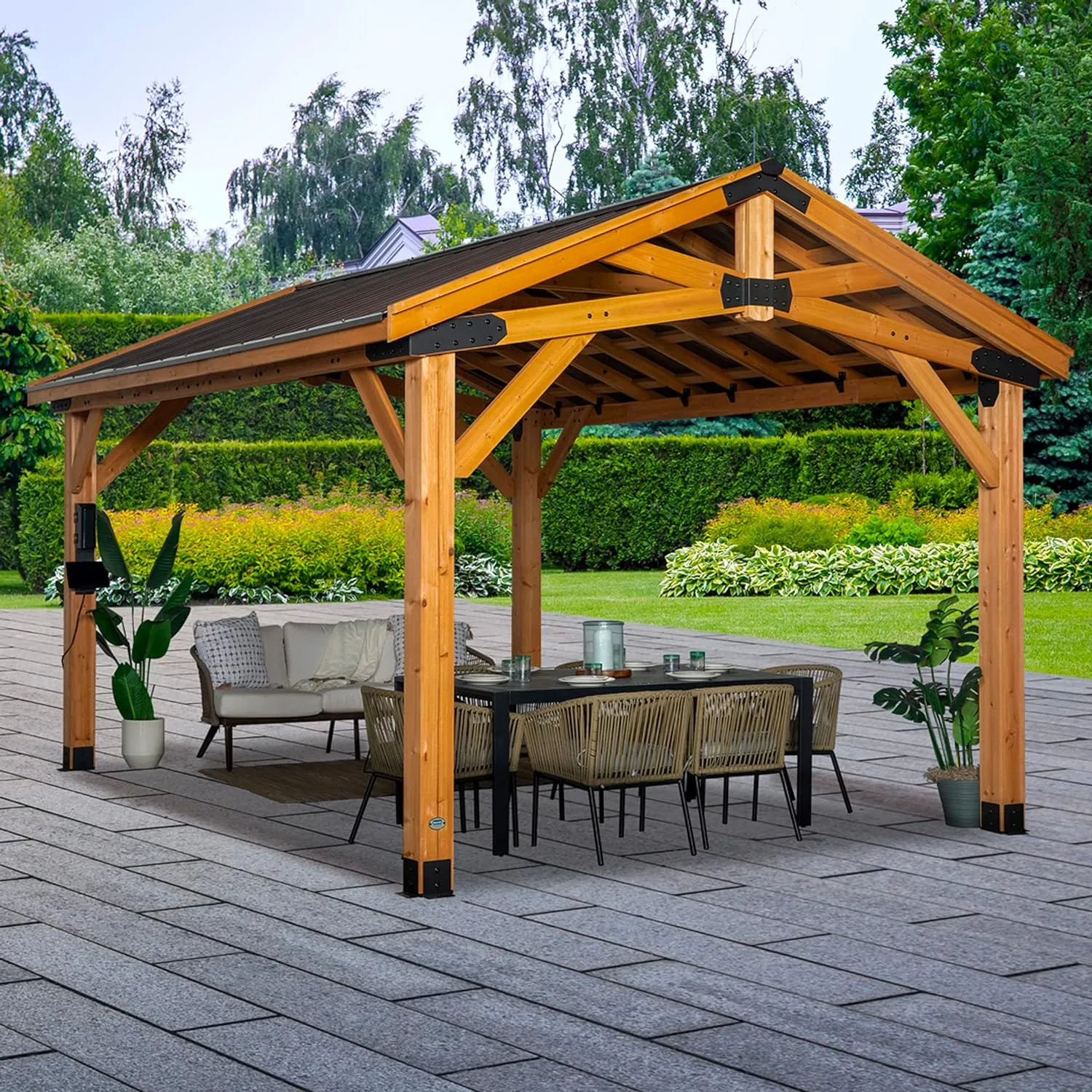 All Cedar Wooden Carport Pavilion Gazebo with Hard Top Steel Roof