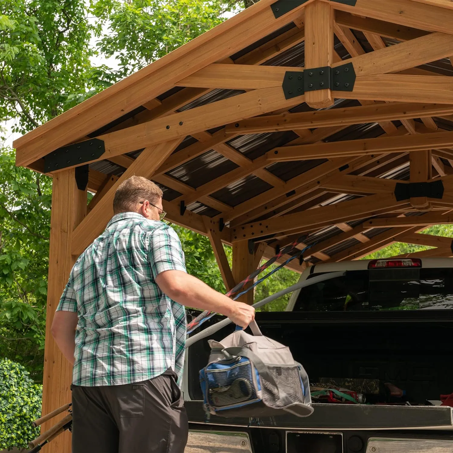 All Cedar Wooden Carport Pavilion Gazebo with Hard Top Steel Roof