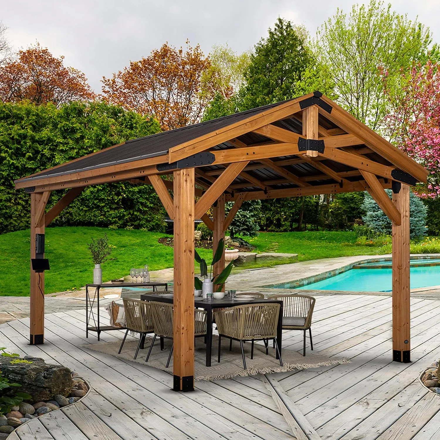 All Cedar Wooden Carport Pavilion Gazebo with Hard Top Steel Roof