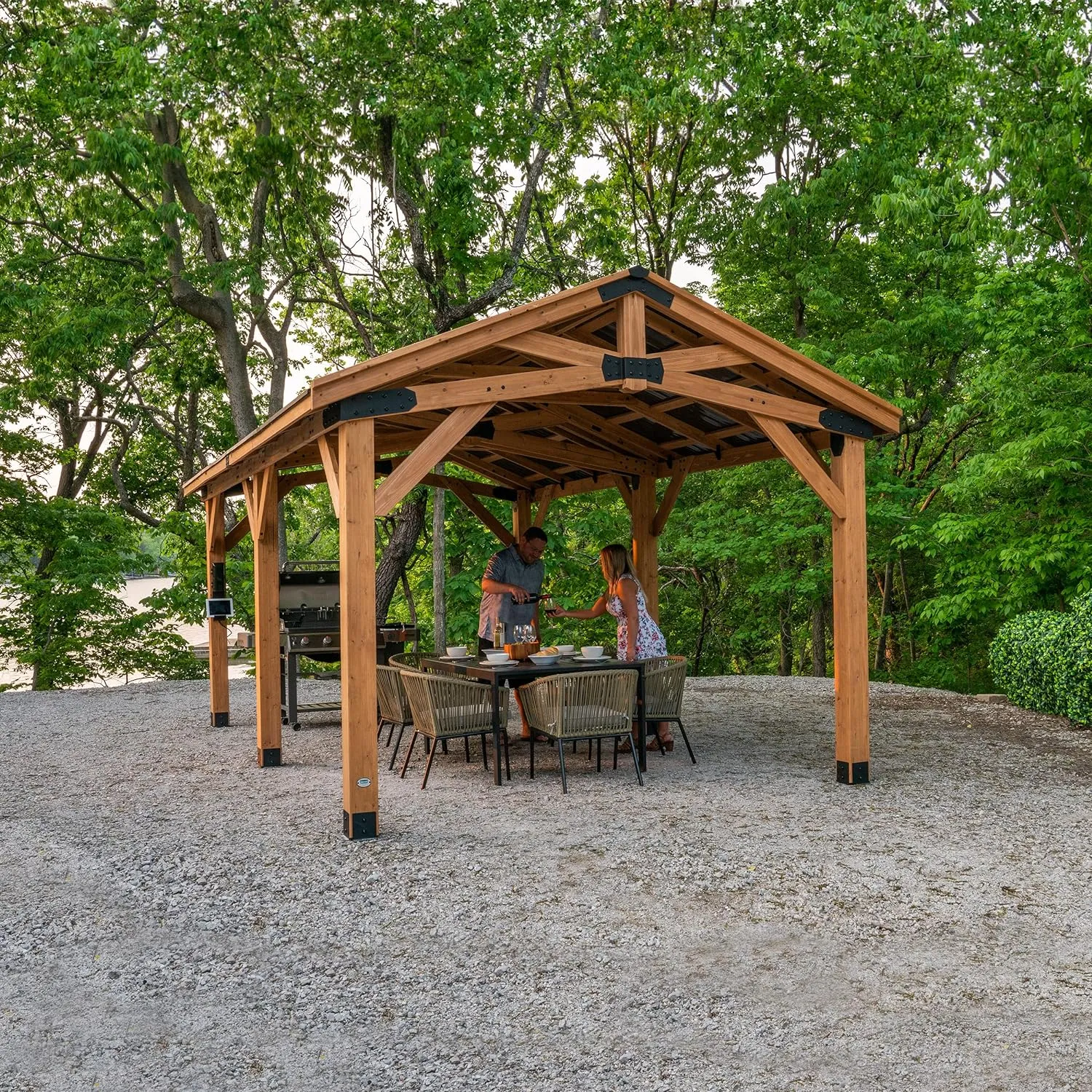 All Cedar Wooden Carport Pavilion Gazebo with Hard Top Steel Roof