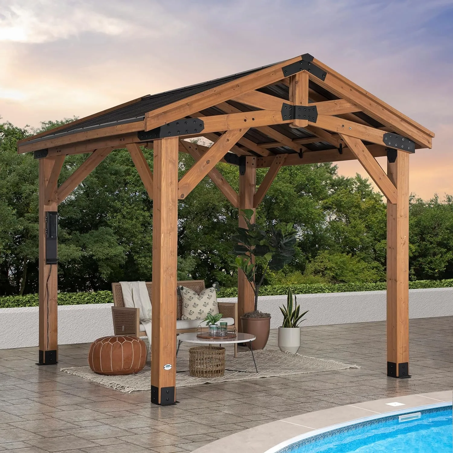 All Cedar Wooden Carport Pavilion Gazebo with Hard Top Steel Roof