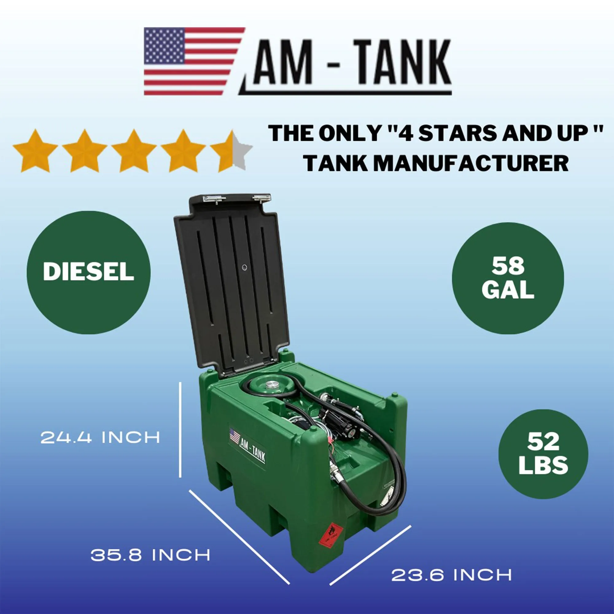 AM-TANK 58 Gallon Portable Diesel Only Tank with 12 Volt Pump and Covering Lid