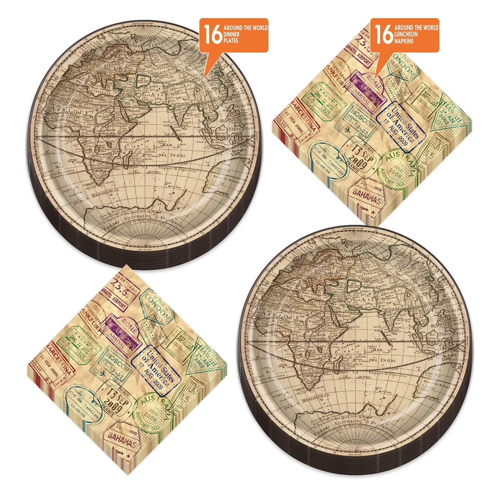 Around the World Paper Dinner Plates and Travel Destination Lunch Napkins (Serves 16)