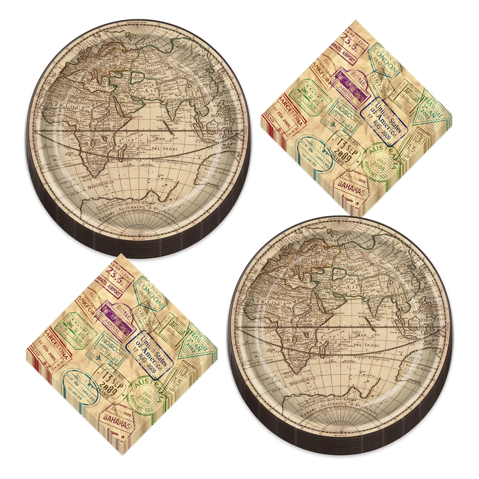 Around the World Paper Dinner Plates and Travel Destination Lunch Napkins (Serves 16)