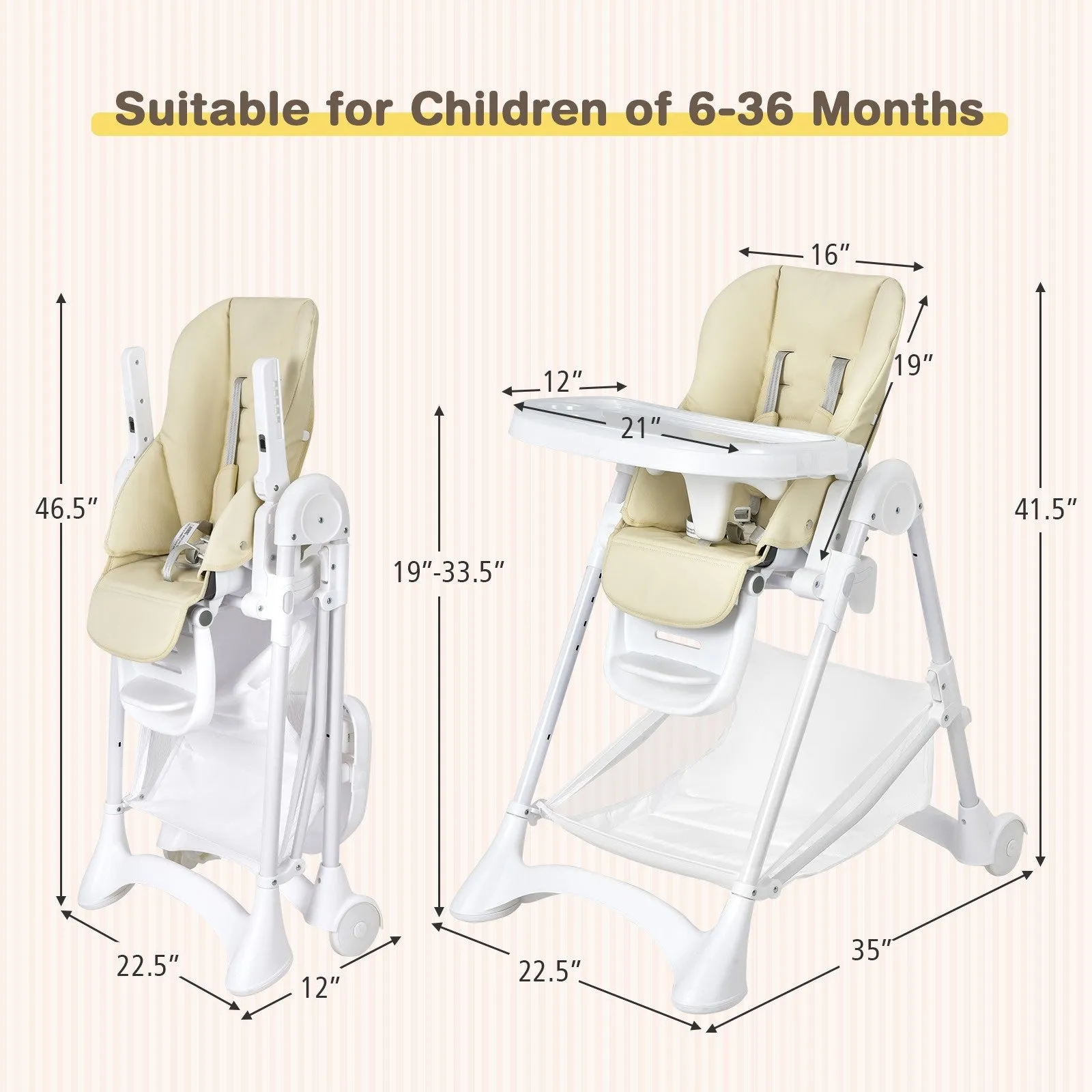 Baby Folding  High Chair with Wheel Tray Storage Basket -Beige