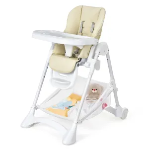 Baby Folding  High Chair with Wheel Tray Storage Basket -Beige