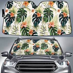 Dark Orange Chinese Hibiscus Flower Palm Leaf Beige Car Sun Shades Cover Auto Windshield Coolspod