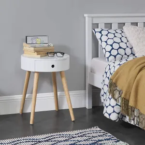 DDS Dream Decor Shoppee Wooden Round End Table Side Table with Drawer Chest of Drawers Bedside Table Retro Coffee Table or Bedside Table Coffee Table Mulripurpose Storage Table (White)