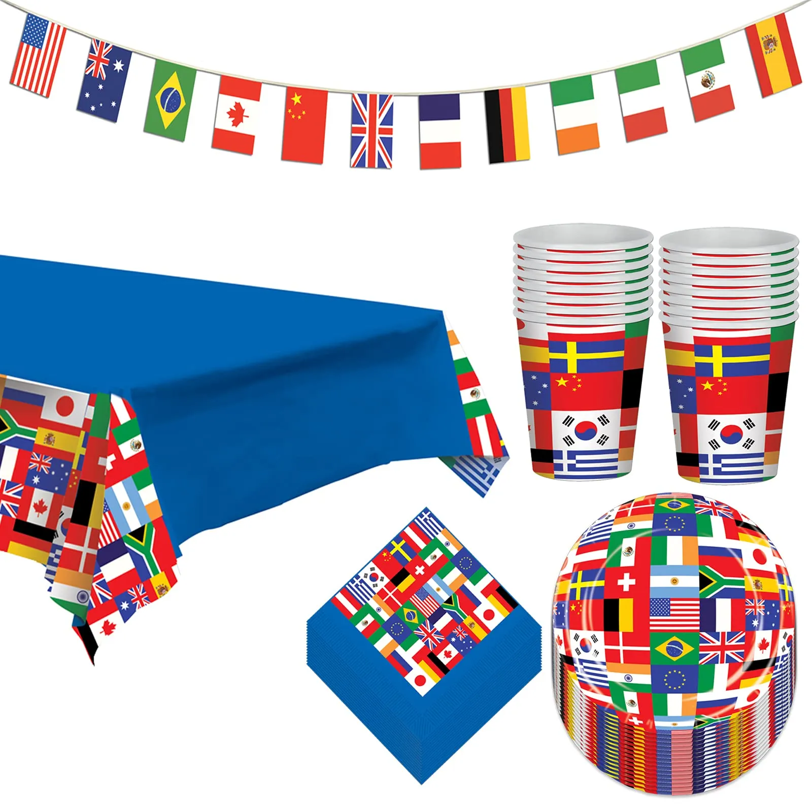 Flags of The World Olympics Party International Flag Paper Dessert Plates, Napkins, Cups, Table Cover, and Pennant Banner Set (Serves 16)