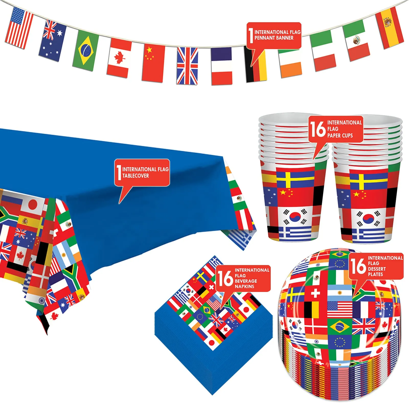 Flags of The World Olympics Party International Flag Paper Dessert Plates, Napkins, Cups, Table Cover, and Pennant Banner Set (Serves 16)