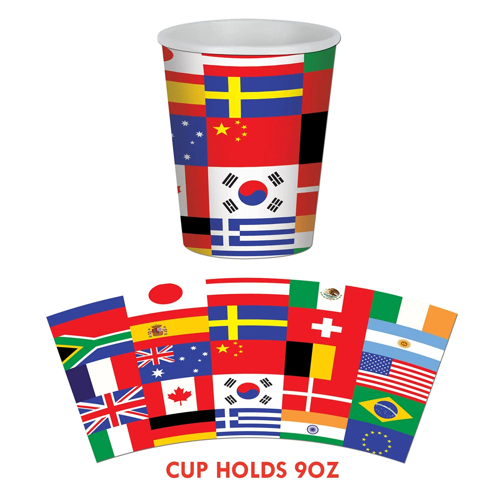 Flags of The World Olympics Party International Flag Paper Dessert Plates, Napkins, Cups, Table Cover, and Pennant Banner Set (Serves 16)