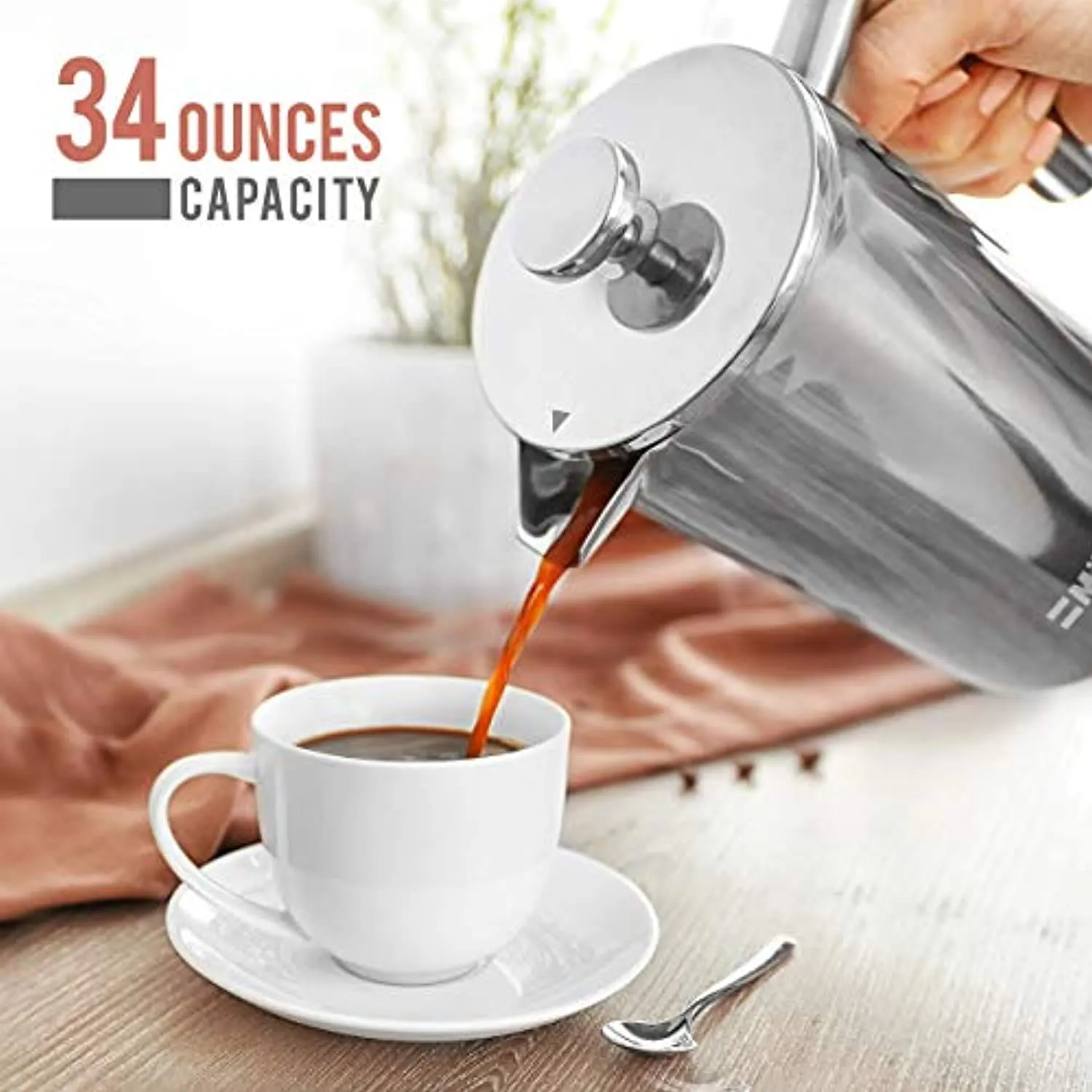 French Press Double Insulated 310 Stainless Steel Coffee Maker 4 Level Filtration System, No Coffee Grounds, Rust-Free, Dishwasher Safe