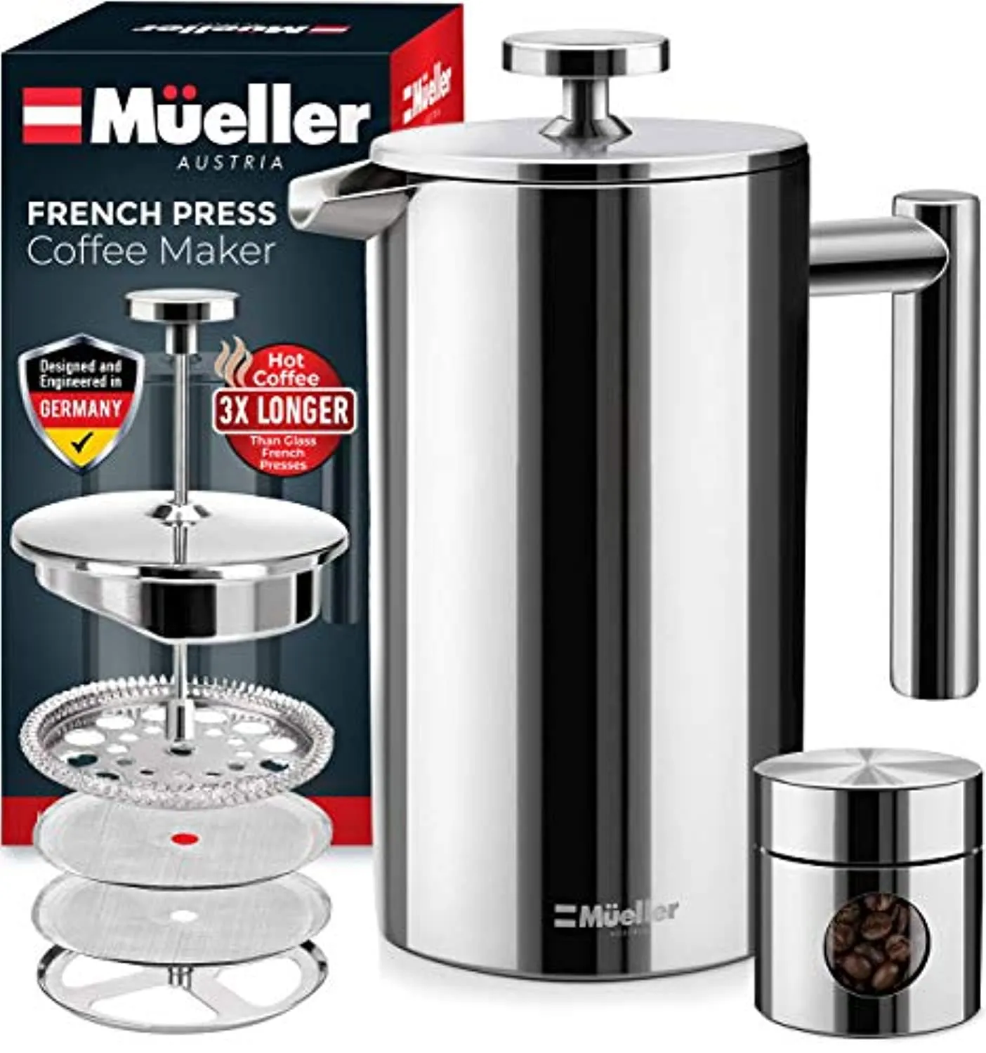 French Press Double Insulated 310 Stainless Steel Coffee Maker 4 Level Filtration System, No Coffee Grounds, Rust-Free, Dishwasher Safe