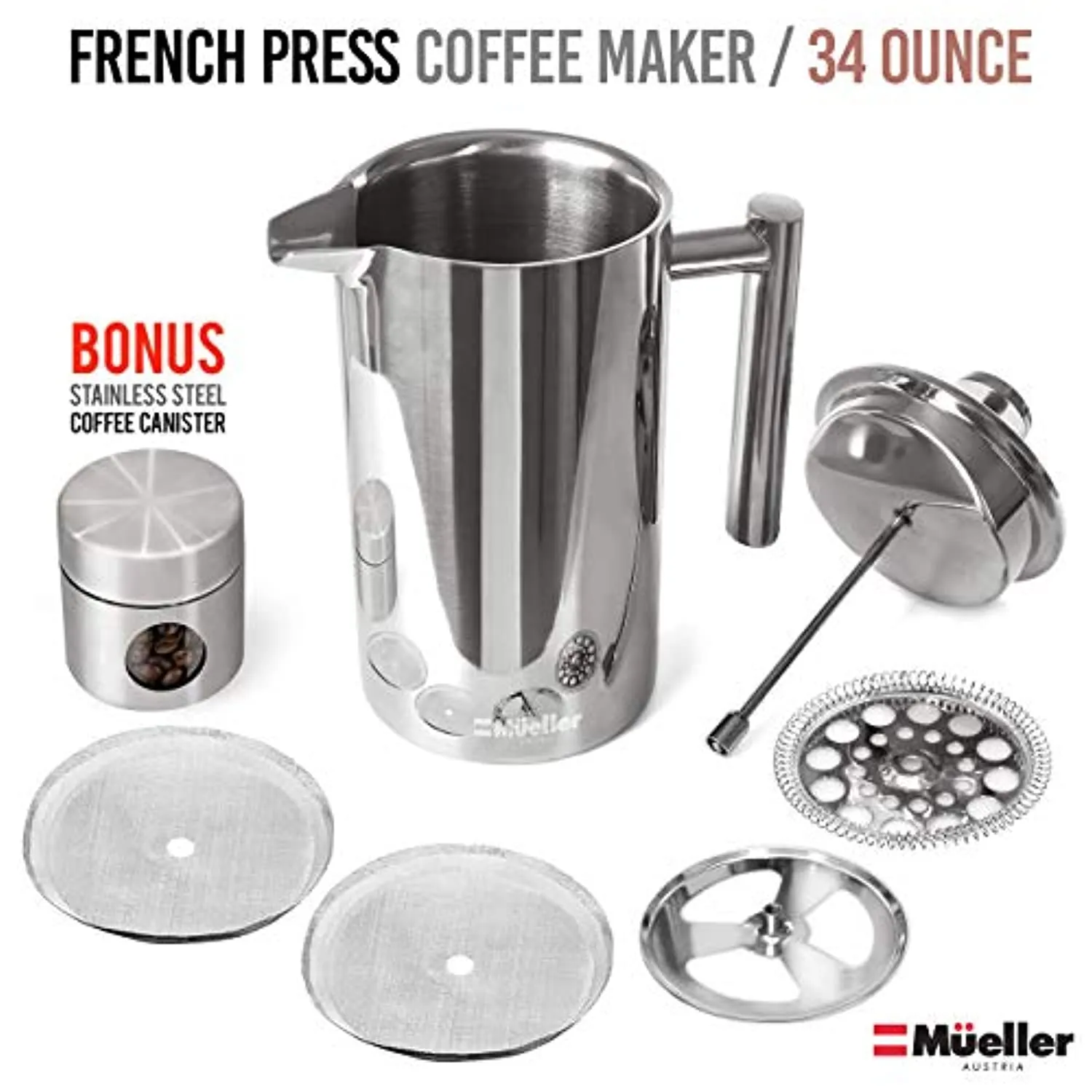 French Press Double Insulated 310 Stainless Steel Coffee Maker 4 Level Filtration System, No Coffee Grounds, Rust-Free, Dishwasher Safe