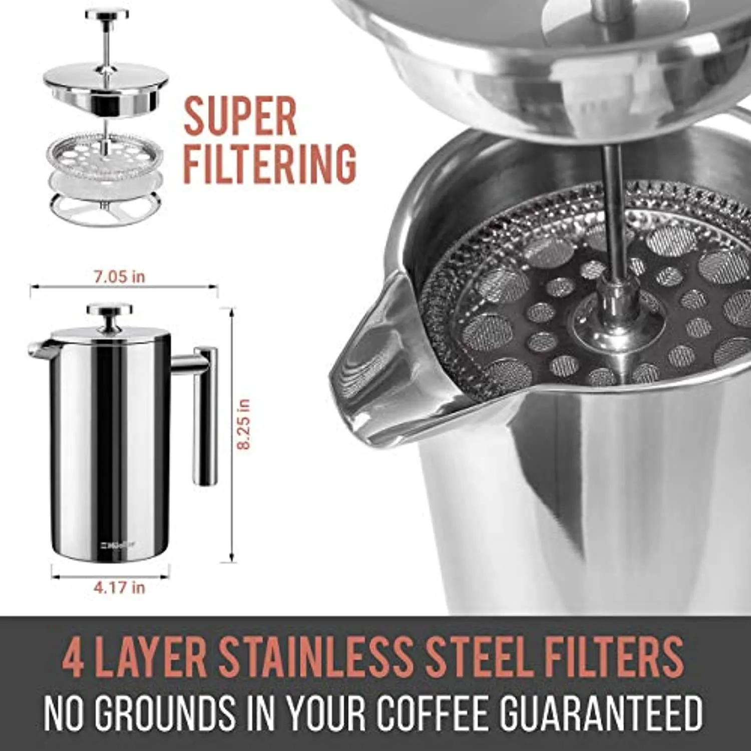 French Press Double Insulated 310 Stainless Steel Coffee Maker 4 Level Filtration System, No Coffee Grounds, Rust-Free, Dishwasher Safe