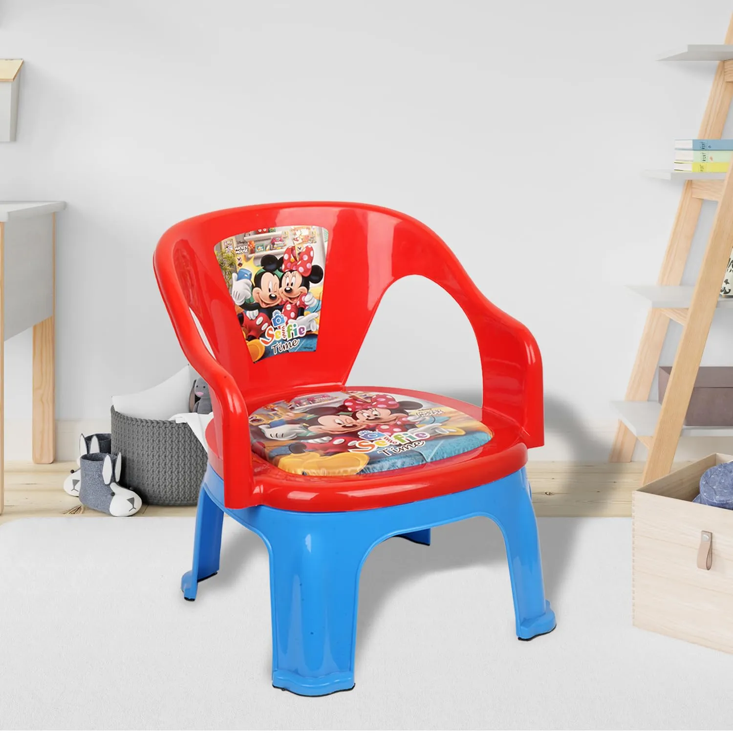 Heart Home Disney Mickey Kids Chair | Plastic Foldable Kids Chair | Chair for Kidsroom | School Study Stool | Baby Stool | Indoor or Outdoor Stool for Kids | Capacity 30 Kg | Red & Blue