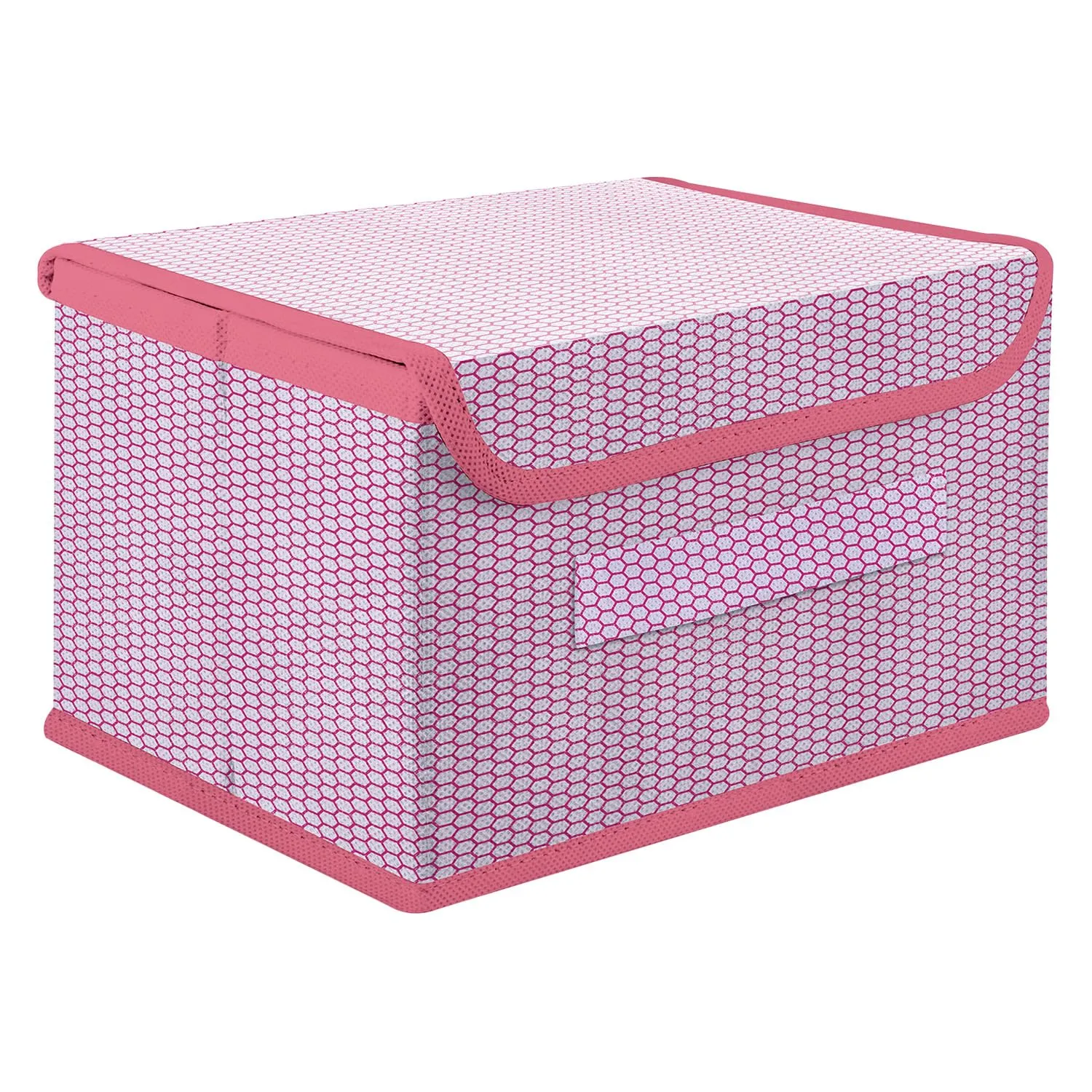 Heart Home Drawer Storage Box | Zig Zag Dhakkan Storage Box | Non-Woven Clothes Organizer For Toys | Storage Box with Handle | Large | Pink