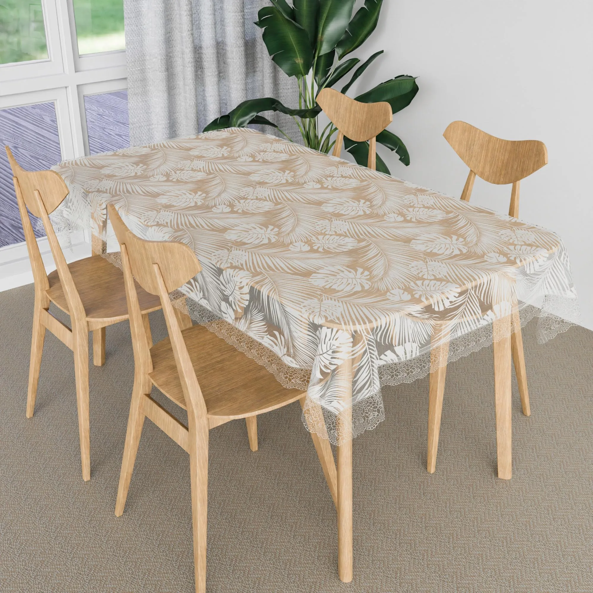 Kuber Industries Table Cover | PVC Dining Table Cover | Table Cloth | Center Table Cover | Table Cover for Kitchen Table | Self Leaf Table Cover for Hall Décor | 48x60 Inch | White