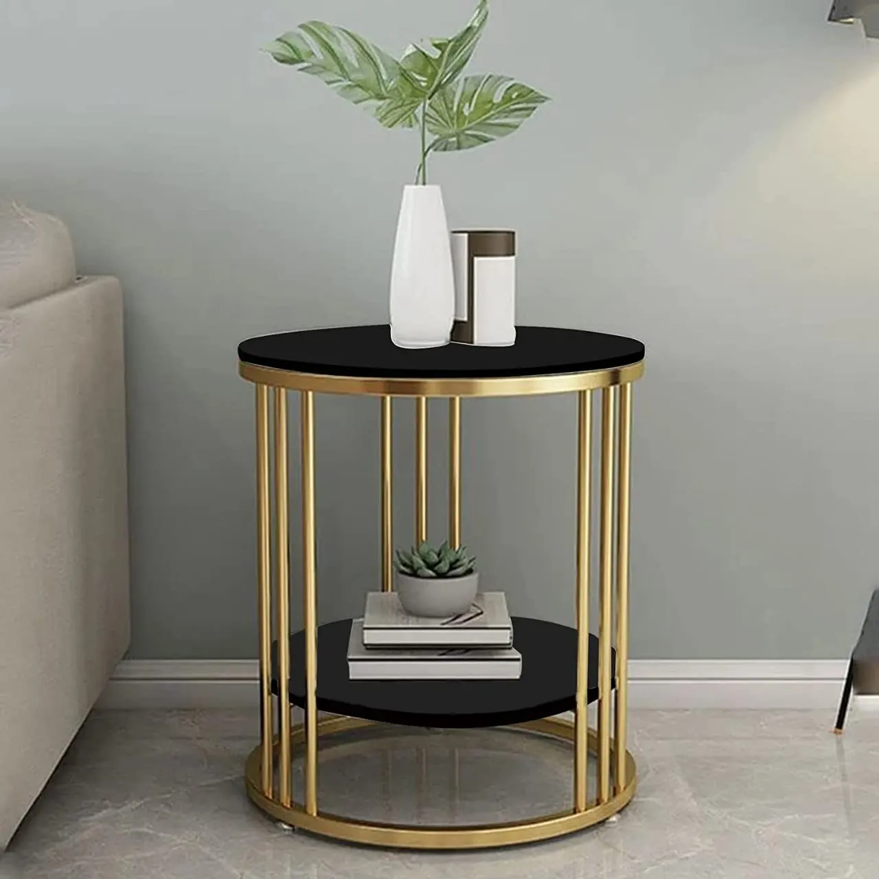 LIXERA Side End Table Frame Sofa Corner Table for Living Room Coffee Table Striped Top and Metal Frame Sofa Table End Table, Bedroom Simple (Gold Black)