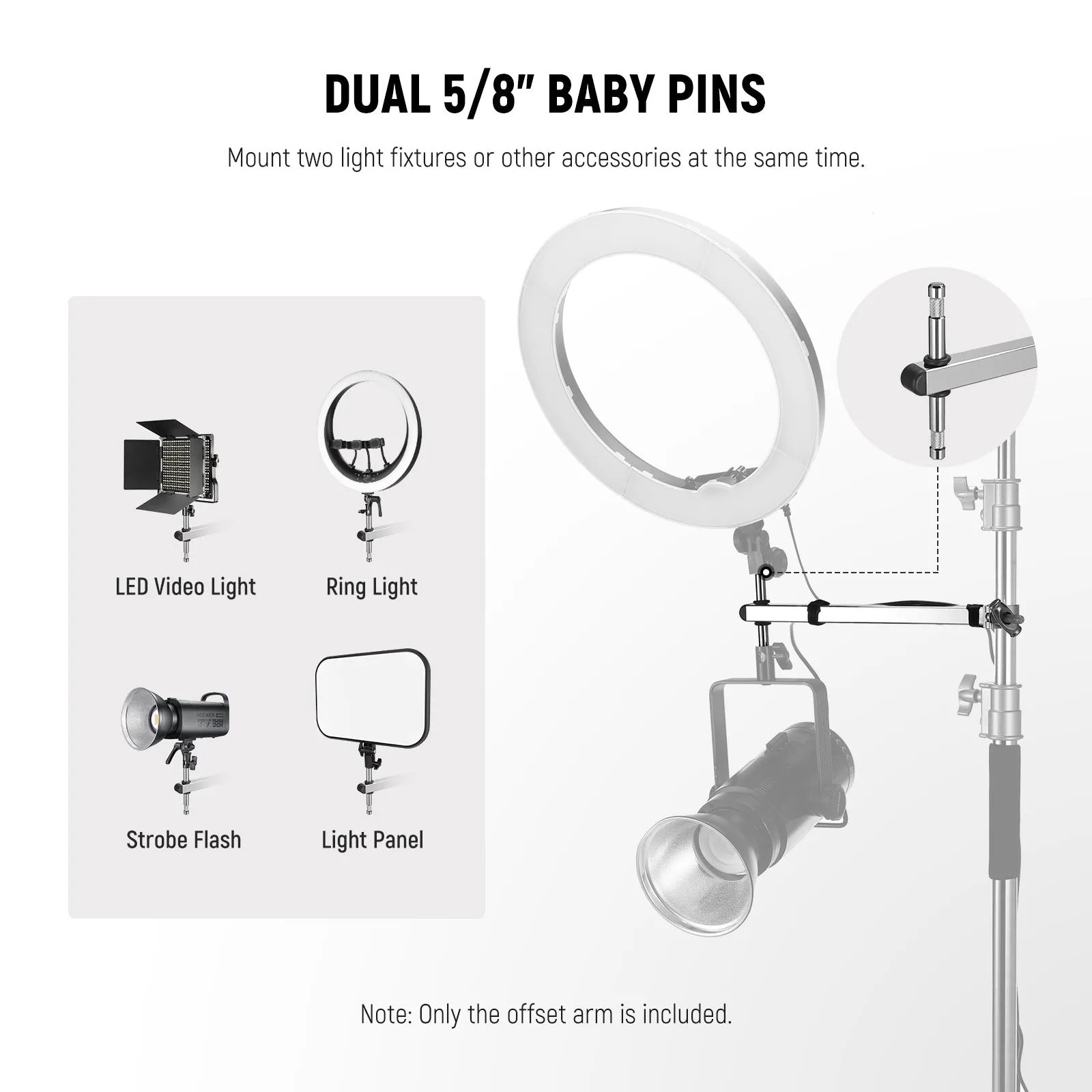 NEEWER UA038 Offset Arm with Clamp & Dual 5/8" Baby Pins