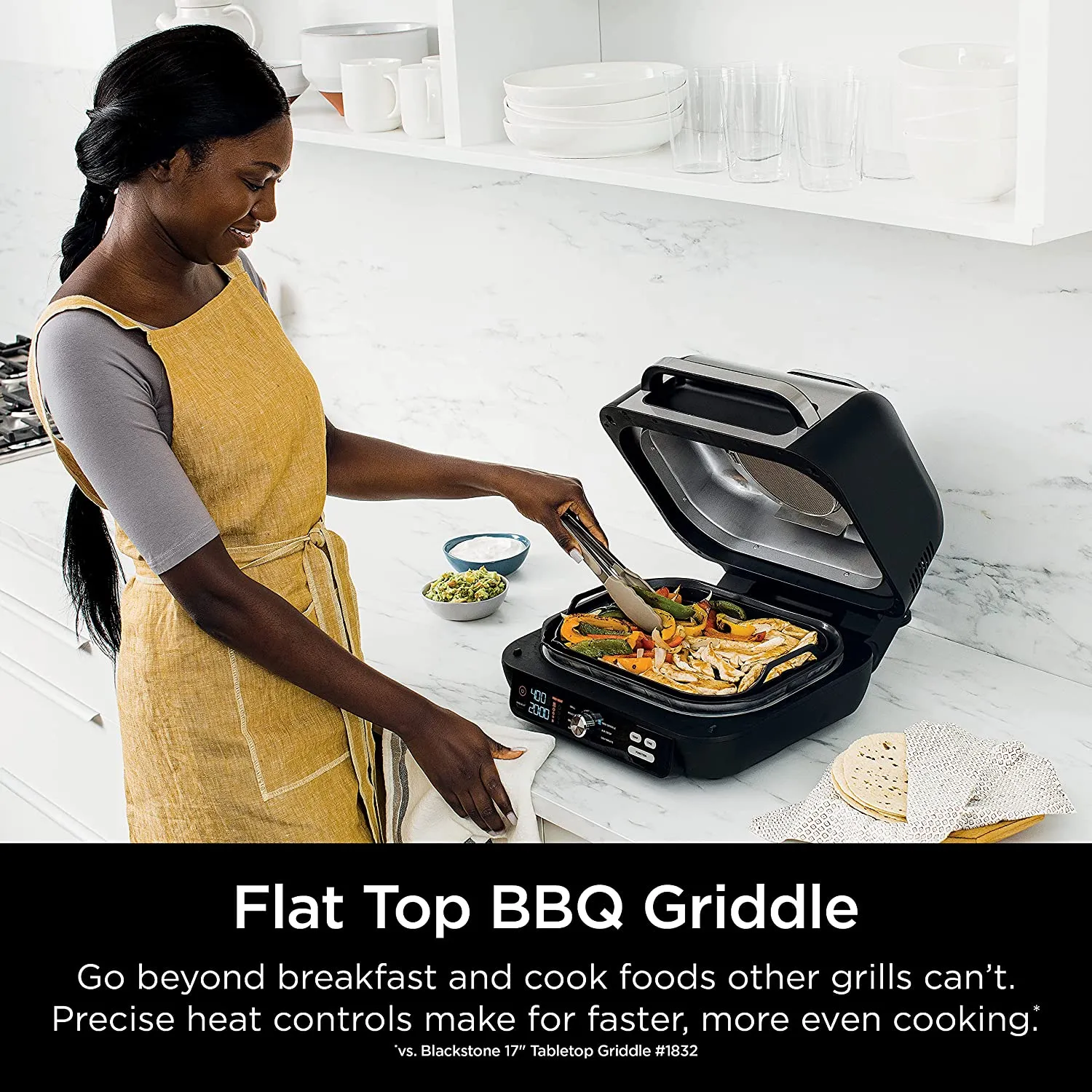 Ninja IG601 Foodi XL 7-in-1 Indoor Grill Combo, use Opened or Closed, Air Fry, Dehydrate & More, Pro Power Grate, Flat Top Griddle, Crisper, Black, 4 Quarts (IG601)