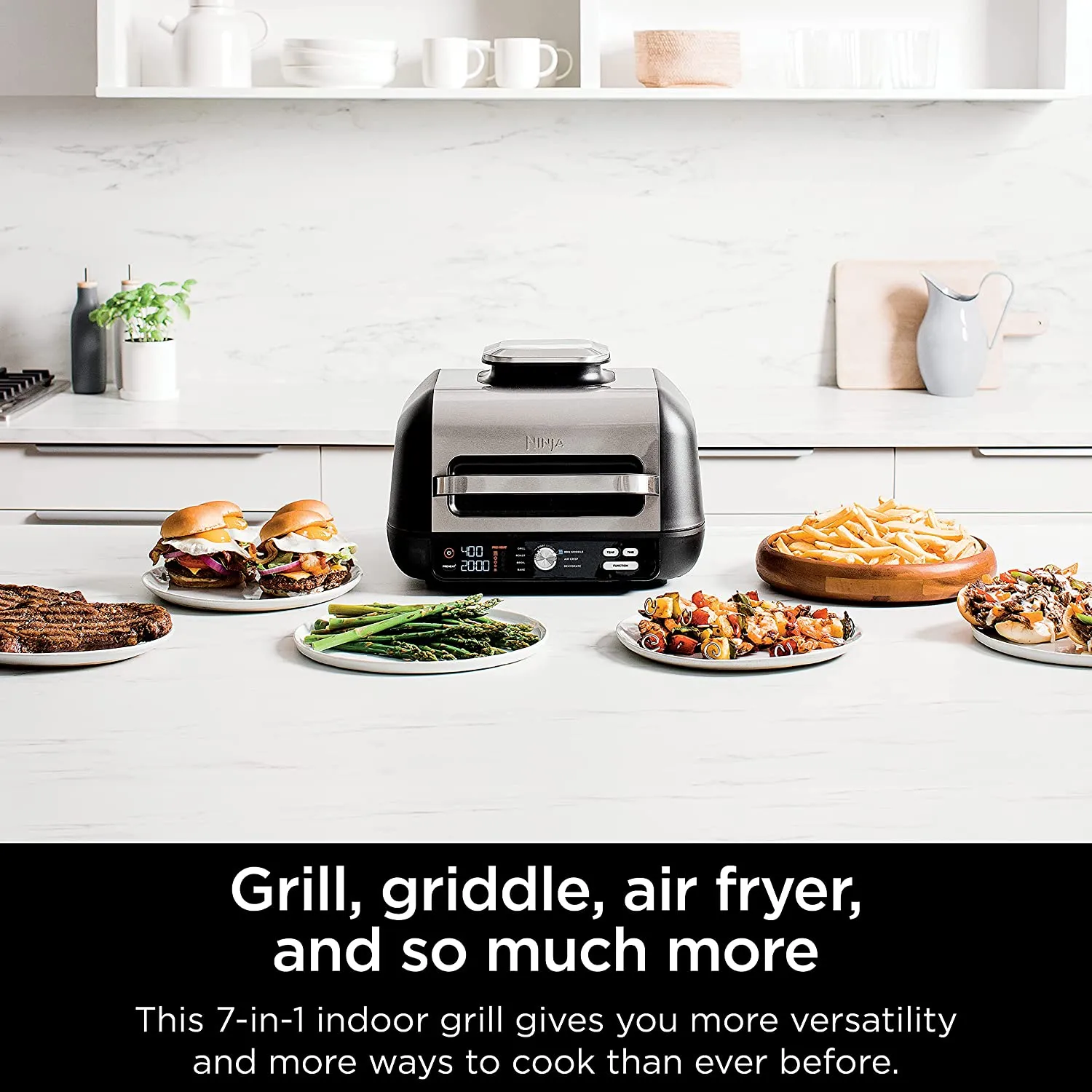 Ninja IG601 Foodi XL 7-in-1 Indoor Grill Combo, use Opened or Closed, Air Fry, Dehydrate & More, Pro Power Grate, Flat Top Griddle, Crisper, Black, 4 Quarts (IG601)