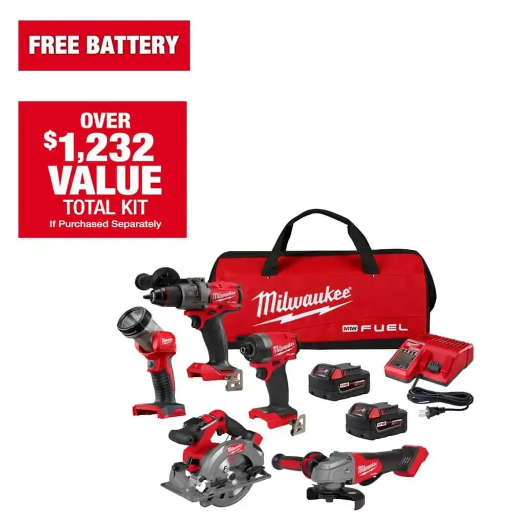 Open Box -  M18 18-Volt Lithium-Ion Brushless Cordless FUEL Combo Kit (5-Tool) with 2-Batteries, 1-Charger, and Tool Bag