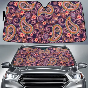 Orange Tone Plumeria Flowers Paisley Texture Purple Theme Car Sun Shades Cover Auto Windshield Coolspod