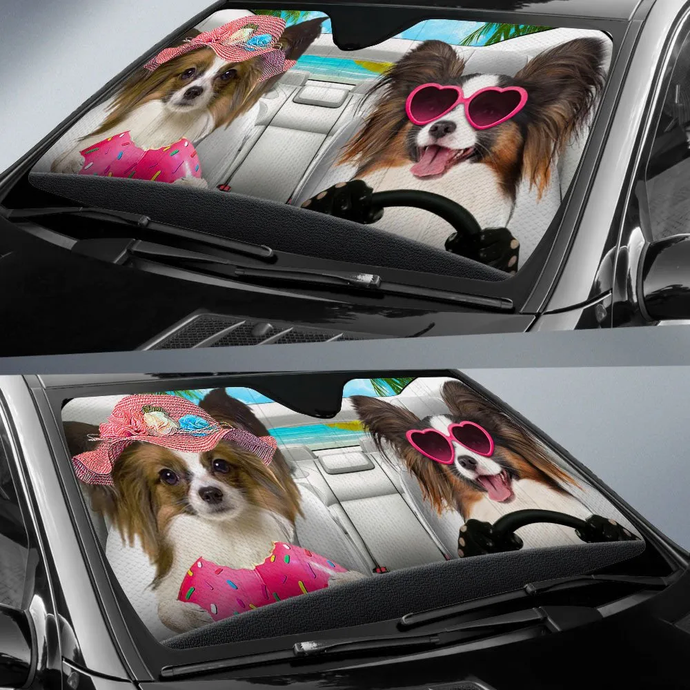 Papillon-Dog Summer Vacation Couple Car Sun Shade Cover Auto Windshield