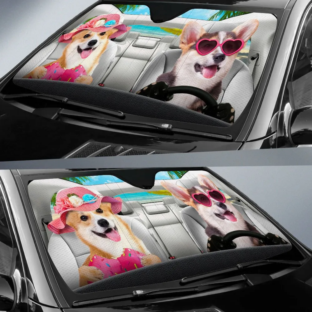 Pembroke Welsh Corgi-Dog Summer Vacation Couple Car Sun Shade Cover Auto Windshield