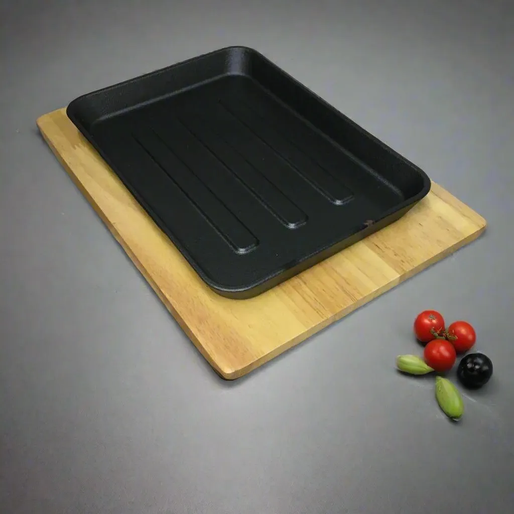 Rectangular Grill Cast Iron Sizzler Plate With Wooden Base | MK