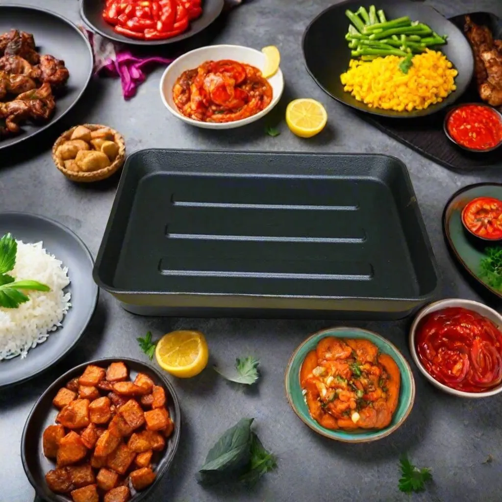 Rectangular Grill Cast Iron Sizzler Plate With Wooden Base | MK